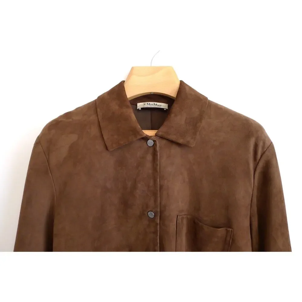 'S MAX MARA Esotico Brown Lamb Leather Suede Shirt Jacket Shacket Saks 4 38 $750 - Picture 5 of 13
